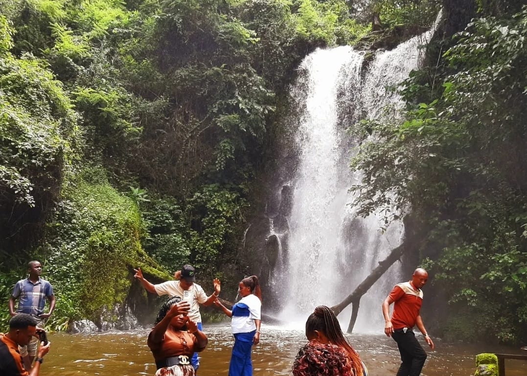 Marangu Waterfall on the slopes of Mount Kilimanjaro during a Tanzania cultural tour and Kilimanjaro day trip experience