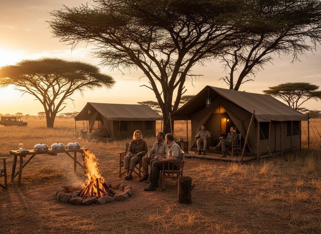 Tourists sitting on safari chairs watching sunset during Tanzania wildlife safari and African safari adventure experience