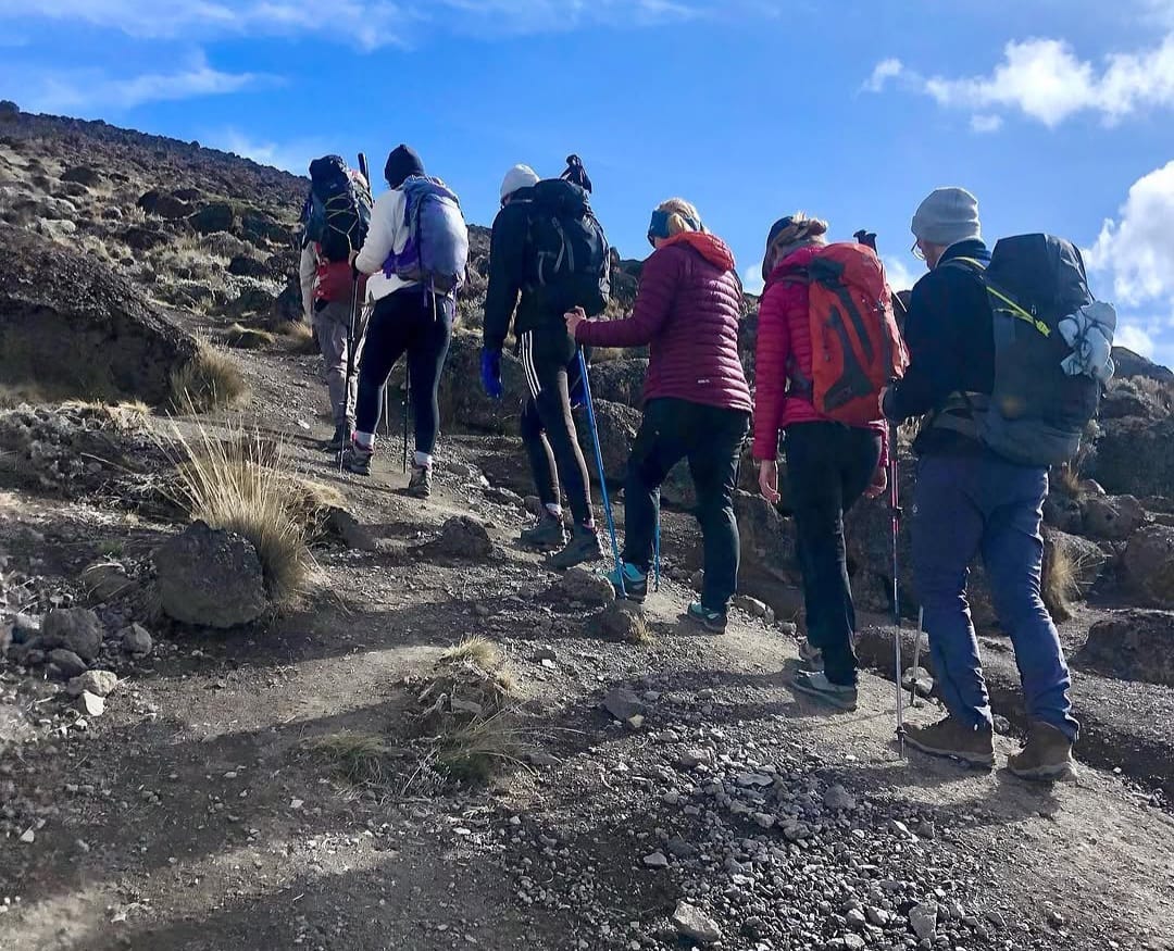 Climbers ascending Mount Kilimanjaro via the scenic Lemosho Route, trekking through diverse landscapes toward the summit.