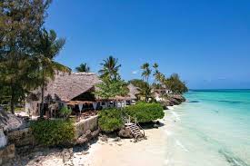 Aerial view of Zanzibar beach showing white sands, and lush coastline